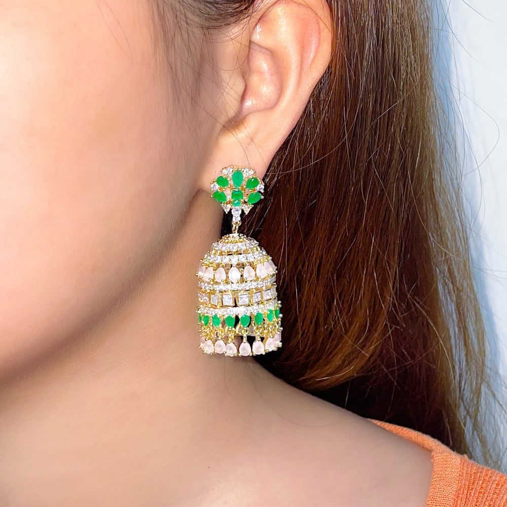 Cage Shape Gold Plated Multicolor CZ Bell Long Earring