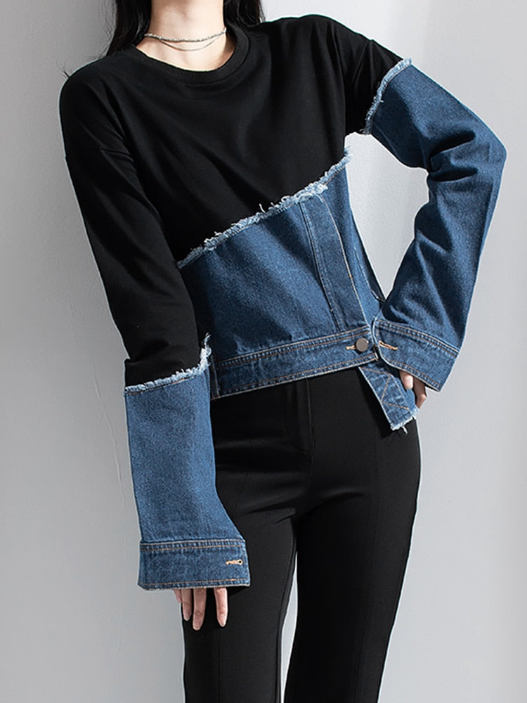 Asymmetrical Color Block Patchwork Denim Sweatshirts