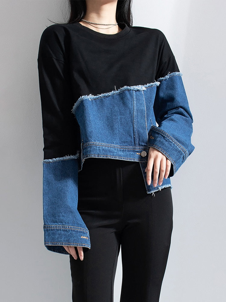 Asymmetrical Color Block Patchwork Denim Sweatshirts