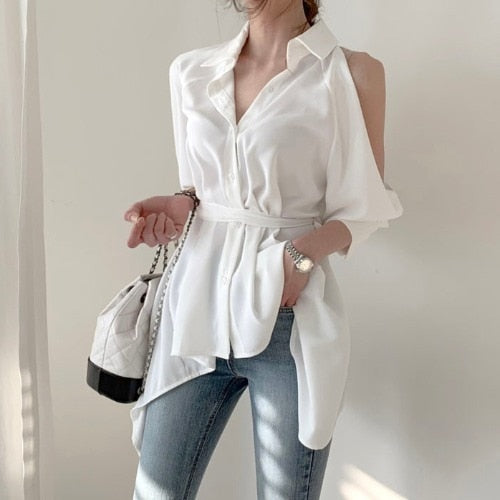 Hollow Out Turn Down Collar Off Shoulder Blouse