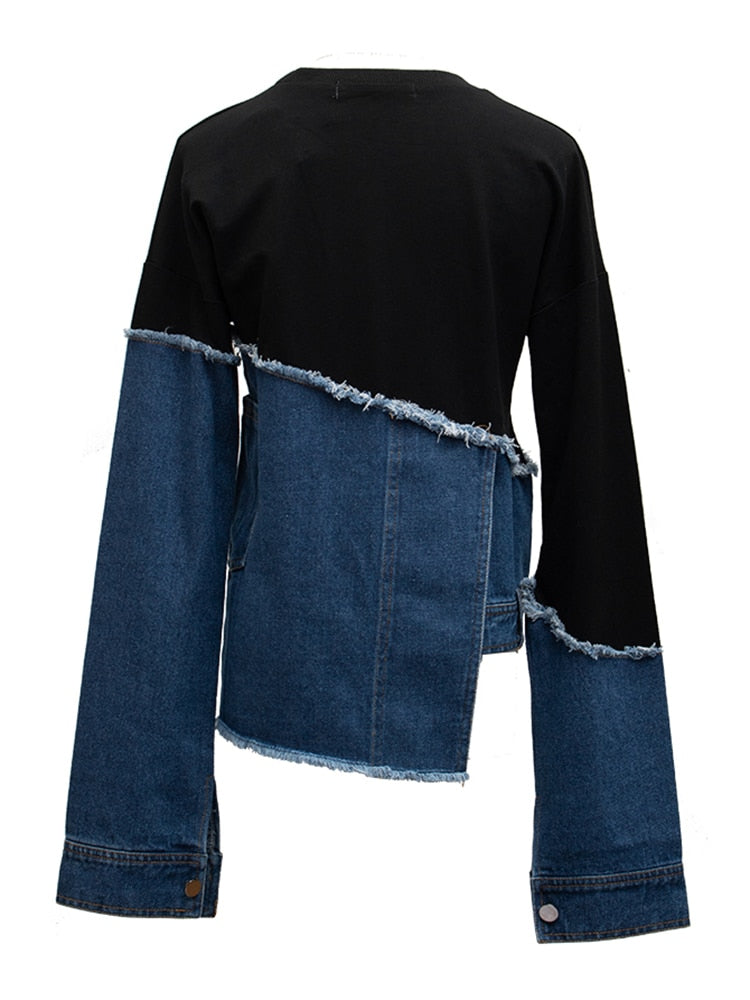 Asymmetrical Color Block Patchwork Denim Sweatshirts