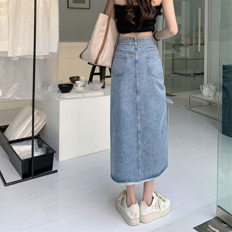 Drawstring Denim Side Split High Waist Pencil Skirts