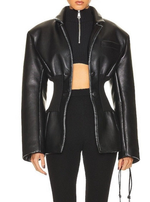 Unique City PU Faux Leather Tight Suit Jacket