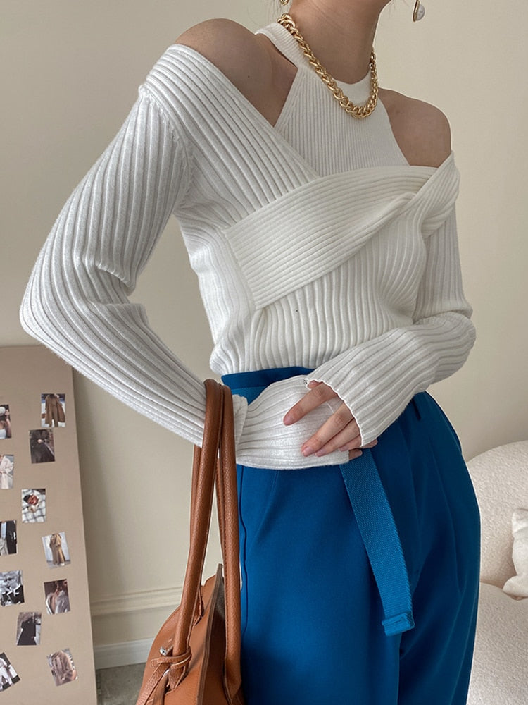 Round Neck Sleeveless Tank Tops and Irregular Collar Long Sleeve Solid Sweater Two Piece Set