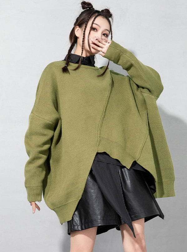 Patchwork Irregular Hem Asymmetrical Knitting Pullover Sweater