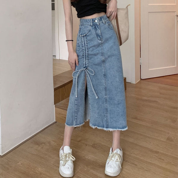 Drawstring Denim Side Split High Waist Pencil Skirts