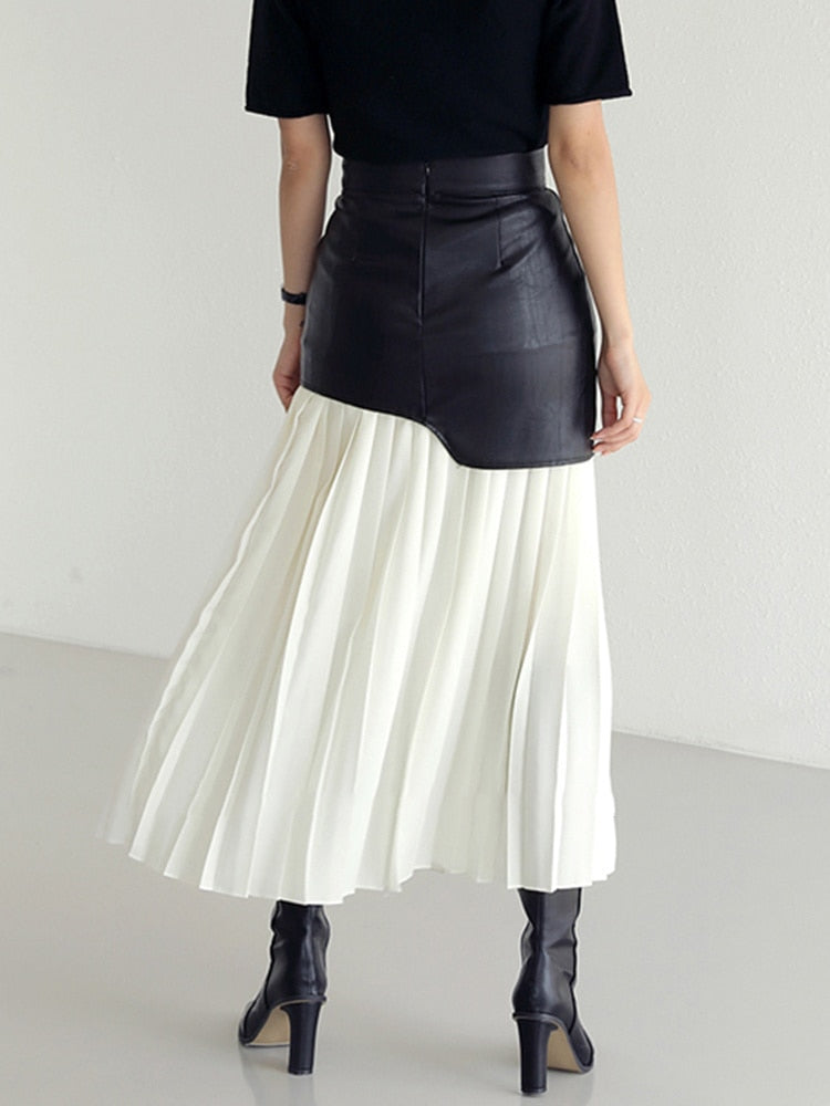 High Waist Patchwork Pu Midi Folds Pleated Skirts