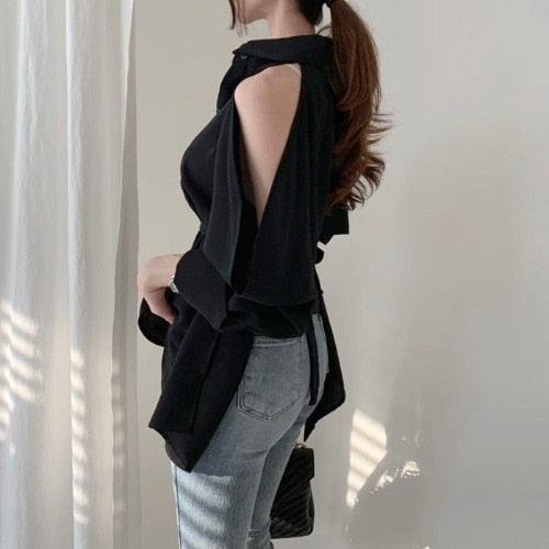 Hollow Out Turn Down Collar Off Shoulder Blouse