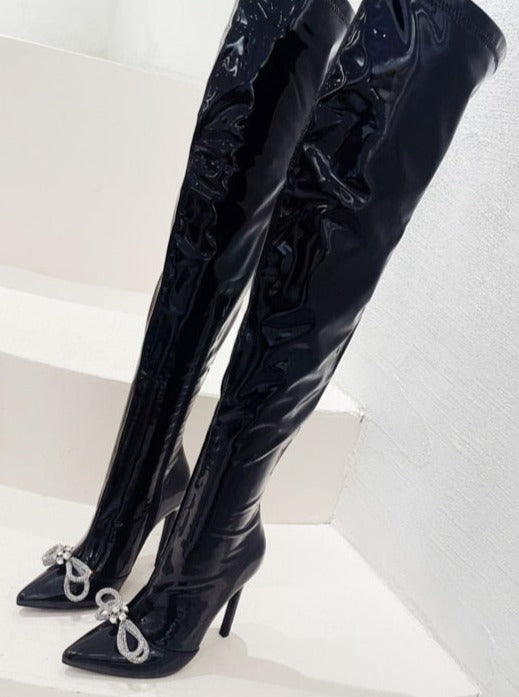 V-Crystal Butterfly-knot Zipper High Heels Over the Knee Boots