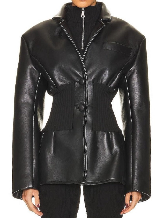 Unique City PU Faux Leather Tight Suit Jacket