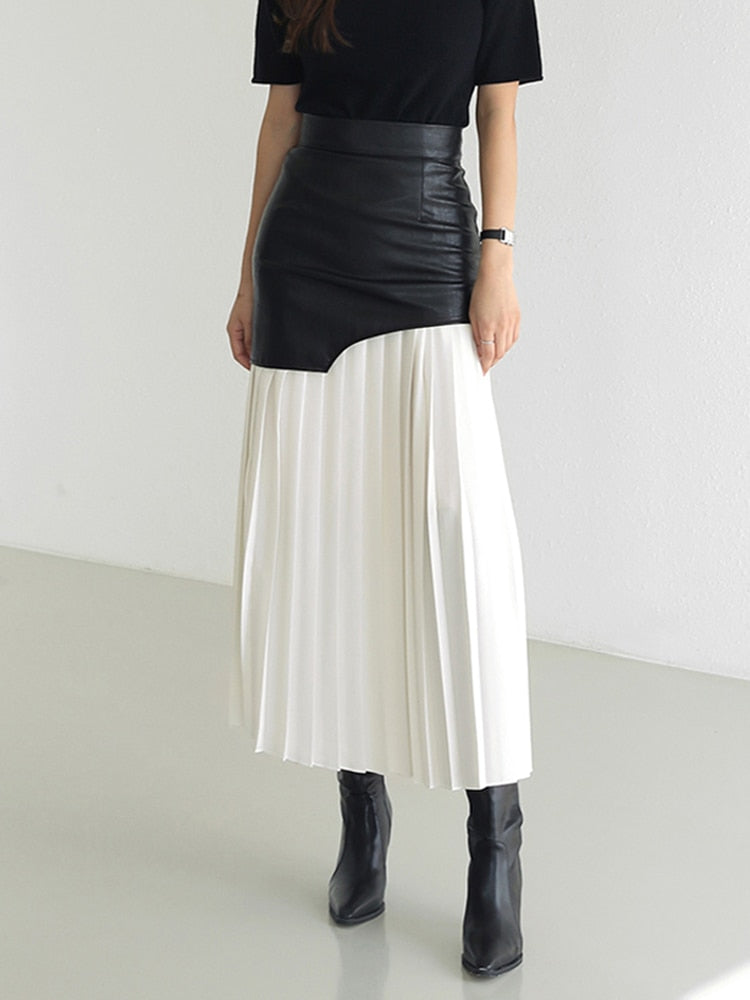 High Waist Patchwork Pu Midi Folds Pleated Skirts