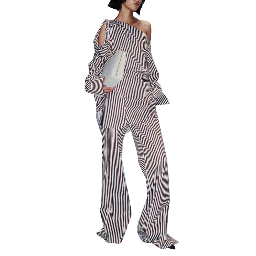 Lapel Off Shoulder Striped Top and High Waist Striped Wide Leg Pants Set