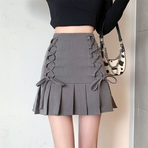 High Waist Pleated Bow Strap Mini Skirts