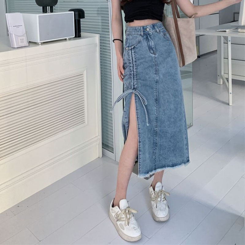 Drawstring Denim Side Split High Waist Pencil Skirts