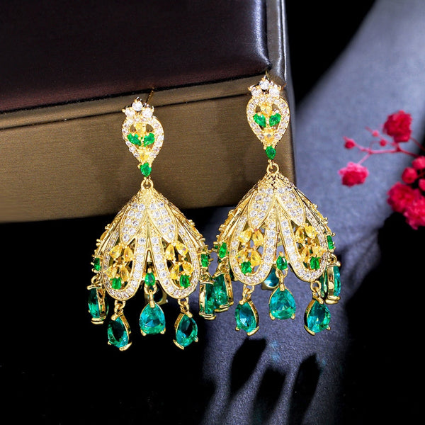 Fringed Green Dangle Drop Cubic Zircon Gold Plated Earrings