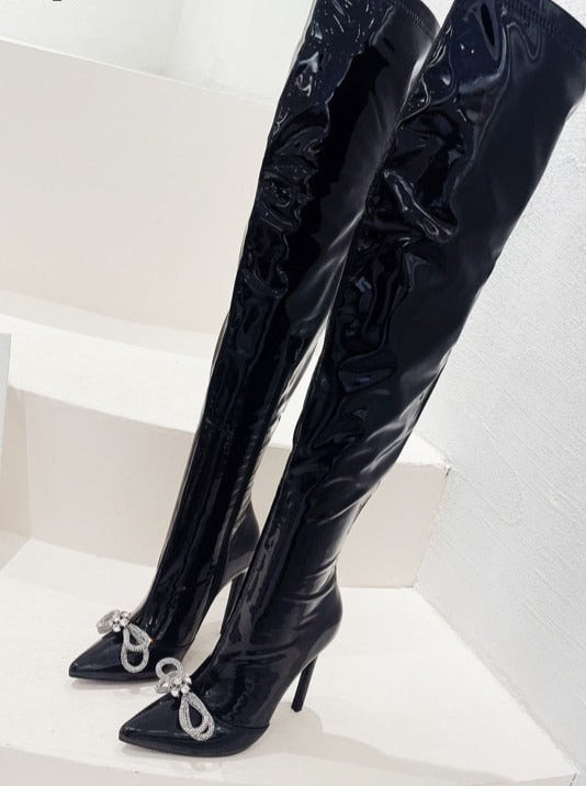 V-Crystal Butterfly-knot Zipper High Heels Over the Knee Boots