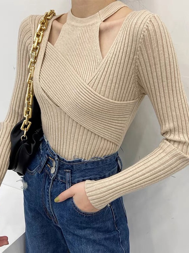 Round Neck Sleeveless Tank Tops and Irregular Collar Long Sleeve Solid Sweater Two Piece Set