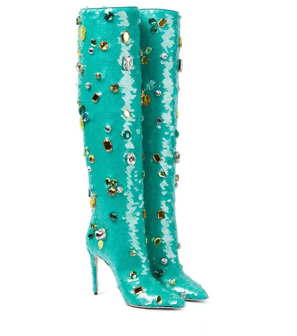 CRYSTAL MERMAID Sequined Cloth Knee-High Boots