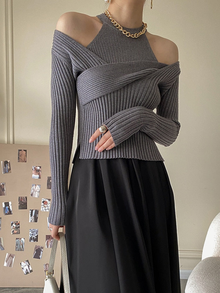 Round Neck Sleeveless Tank Tops and Irregular Collar Long Sleeve Solid Sweater Two Piece Set