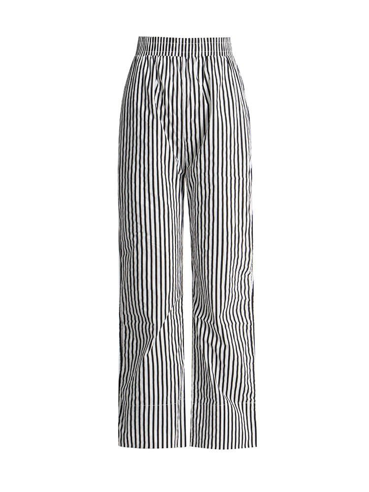 Lapel Off Shoulder Striped Top and High Waist Striped Wide Leg Pants Set