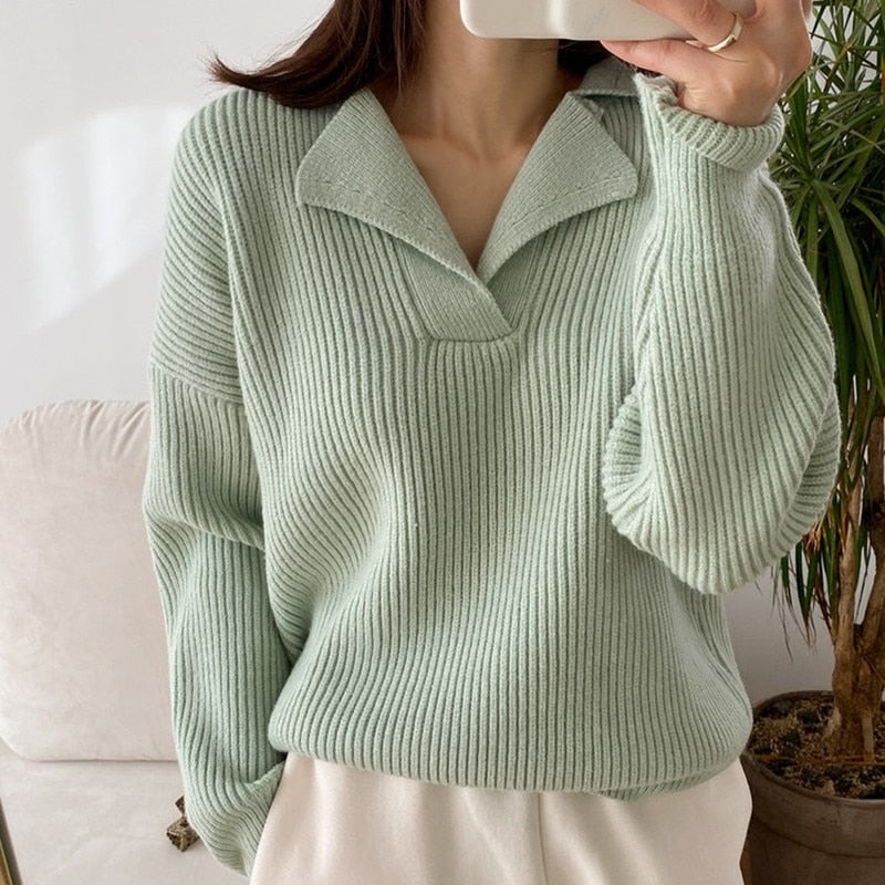 Women Loose Turn-Down Collar Knitted Pullover Sweaters