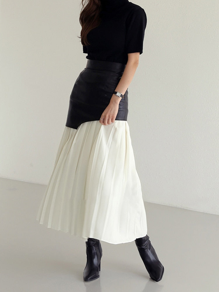 High Waist Patchwork Pu Midi Folds Pleated Skirts