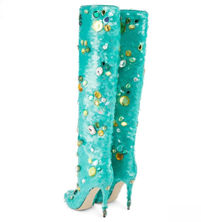 CRYSTAL MERMAID Sequined Cloth Knee-High Boots