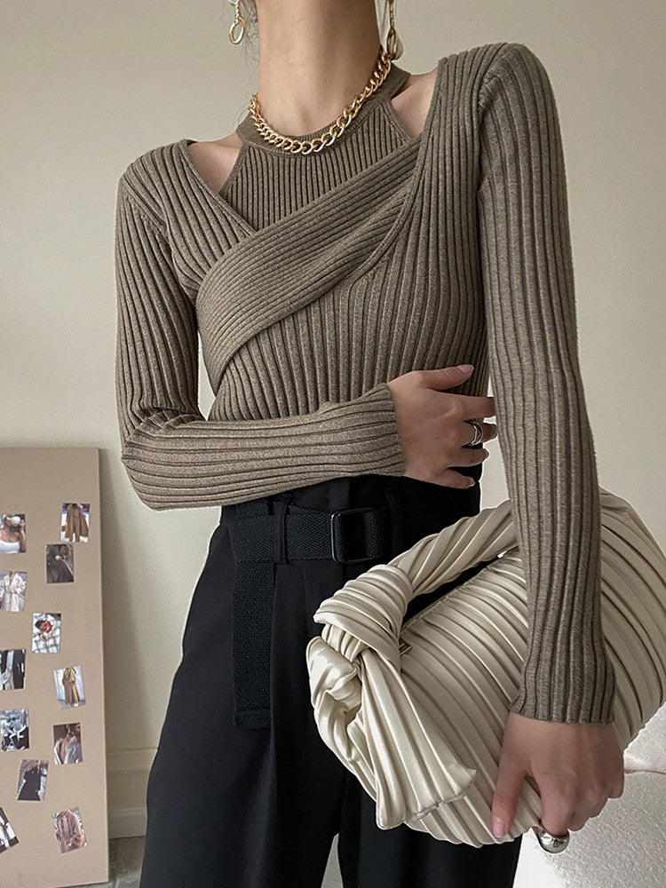 Round Neck Sleeveless Tank Tops and Irregular Collar Long Sleeve Solid Sweater Two Piece Set