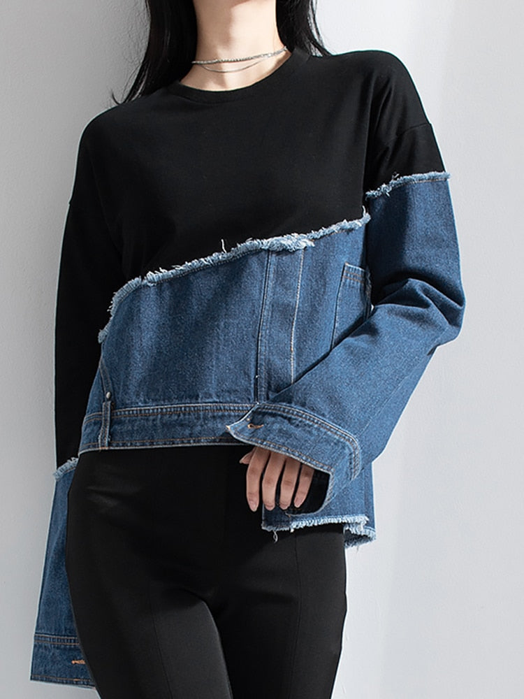 Asymmetrical Color Block Patchwork Denim Sweatshirts