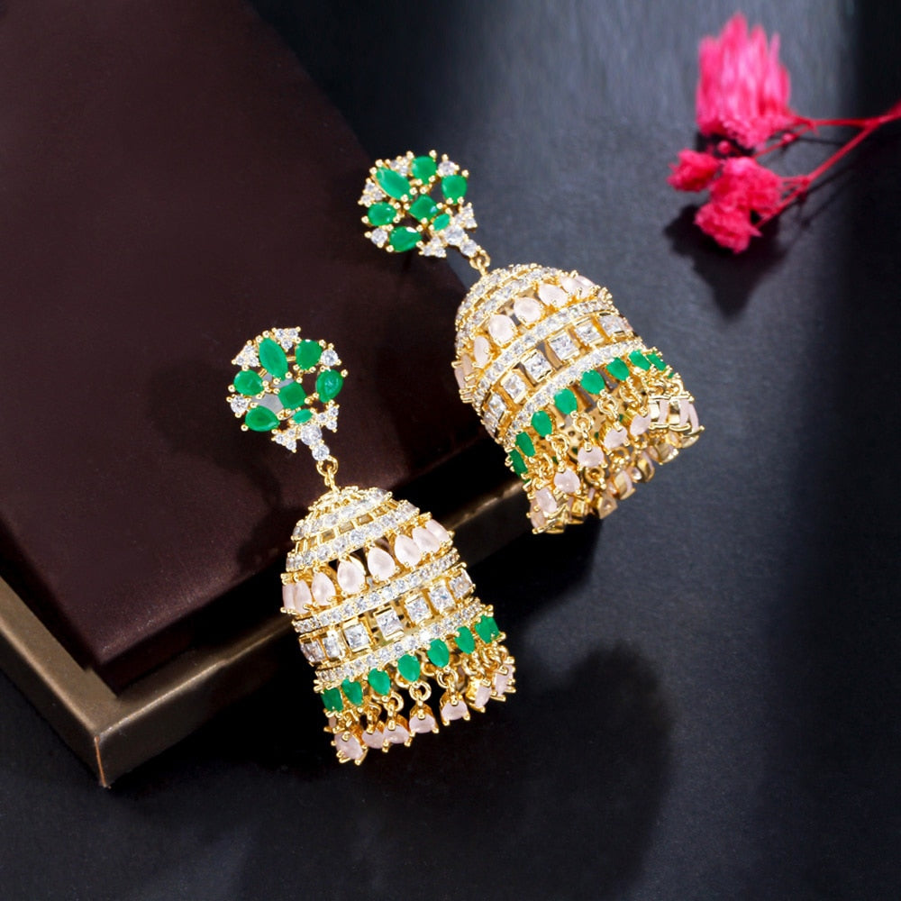 Cage Shape Gold Plated Multicolor CZ Bell Long Earring