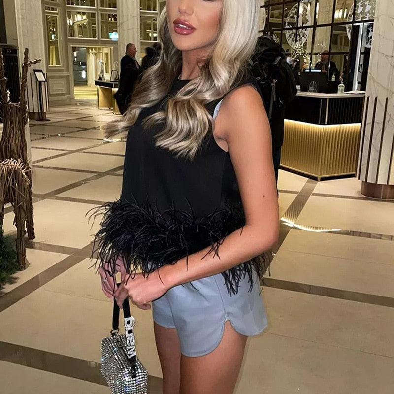 Satin Sleeveless Crop Feathers Off Shoulder Tank Tops