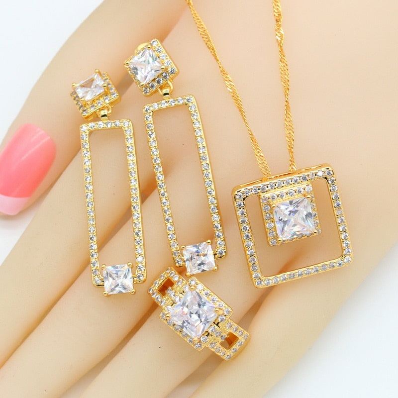 White Zirconia 18K Gold  Rectangle Jewelry Sets