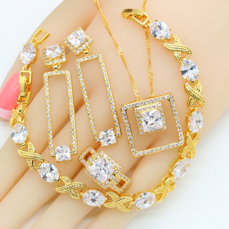 White Zirconia 18K Gold  Rectangle Jewelry Sets