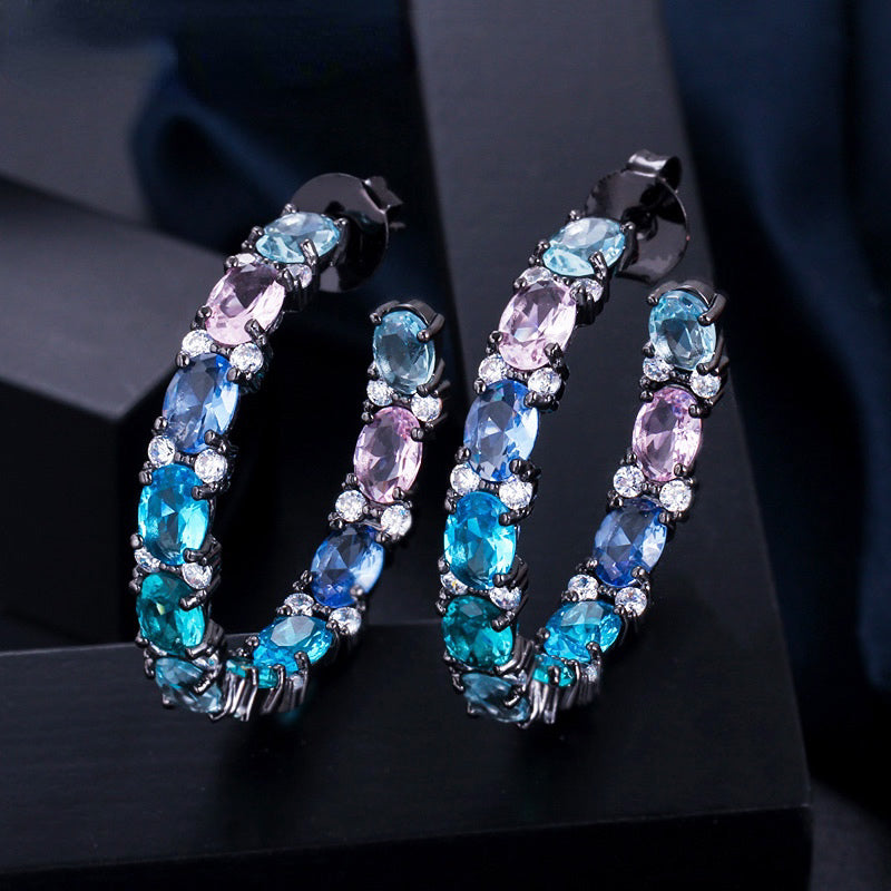 Circle Round Multi Color Blue Cubic Zirconia Crystal Hoop Earrings