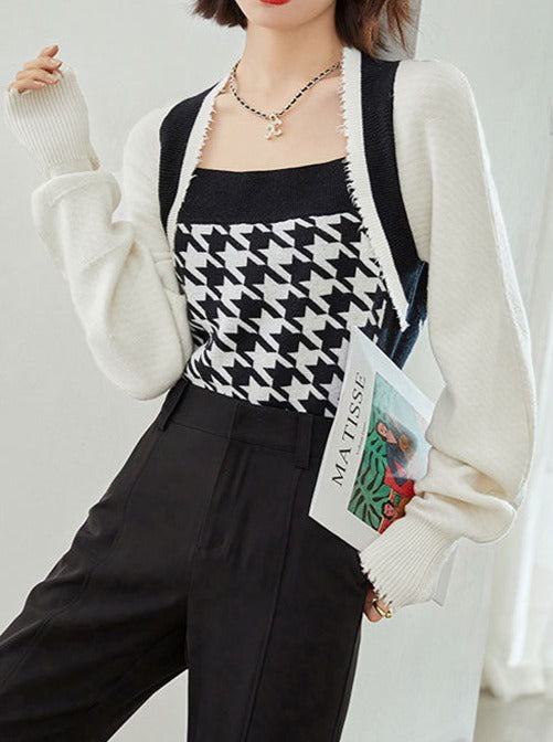 Houndstooth Lantern Sleeves Stitching Square Neck Sweater