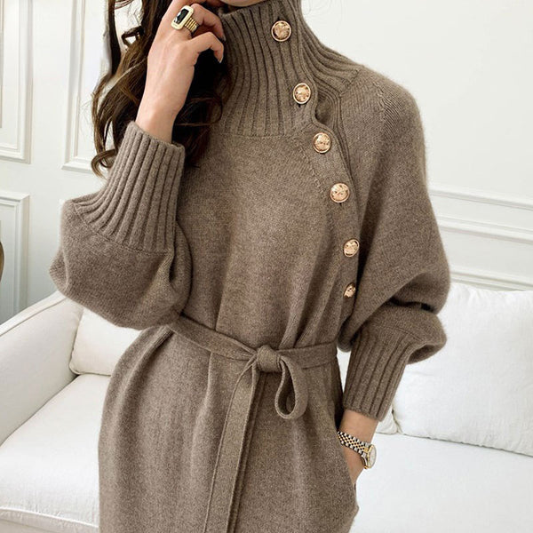 Retro High-Neck Buttons Two-Wear Knitted Dress