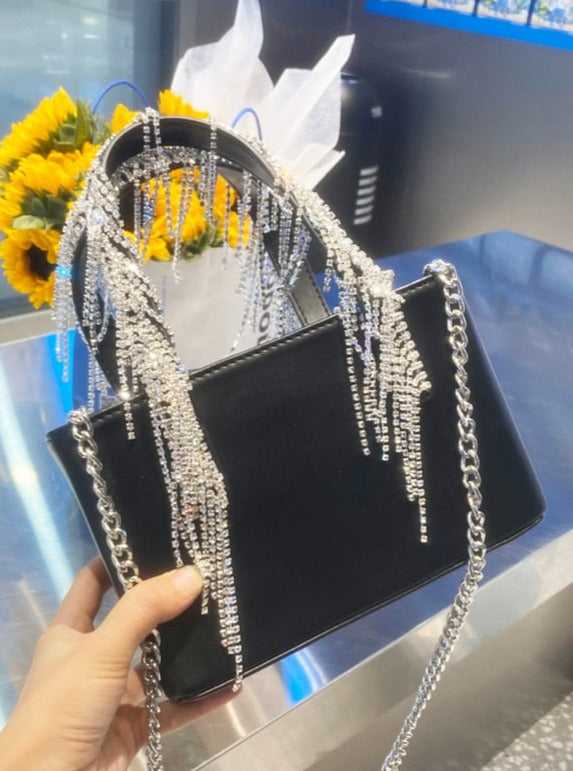 Shiny Stone Silver Bling Tassel Crystal Tote Bags